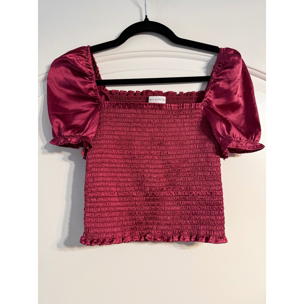 Urban Outfitters Smocked Top S Burgundy Puff Sleeve Satin Crop Bridgerton